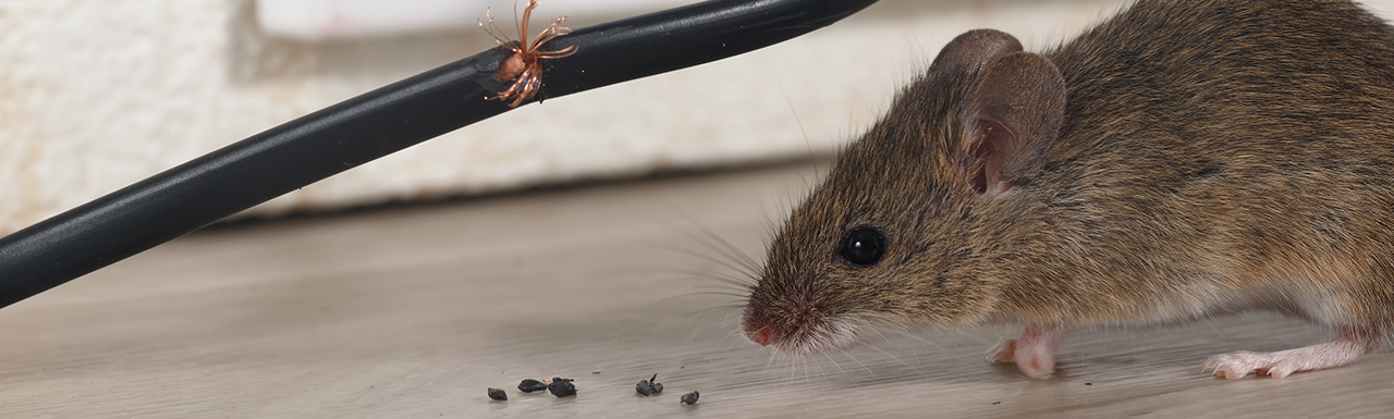 A rodent, mouse, pest sniffing a broken electrical cord it chewed through